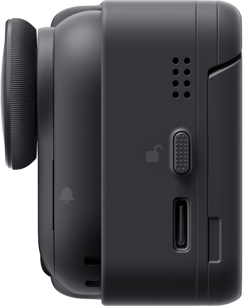 Egy fekete kamera oldalnézete kerek lencsével, USB-C porttal és kis hangszórónyílásokkal.