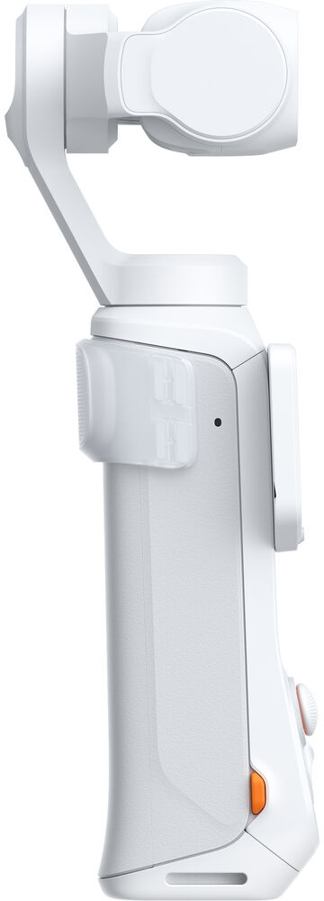 Egy fehér színű, kézi gimbal kamera 3 tengelyes stabilizátorral, ergonomikus markolattal és gombokkal sima háttér előtt.