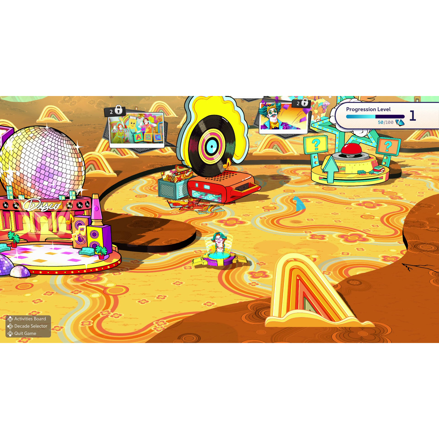 Colorato menu di un videogioco con una palla da discoteca, un giradischi e tortuosi sentieri gialli.