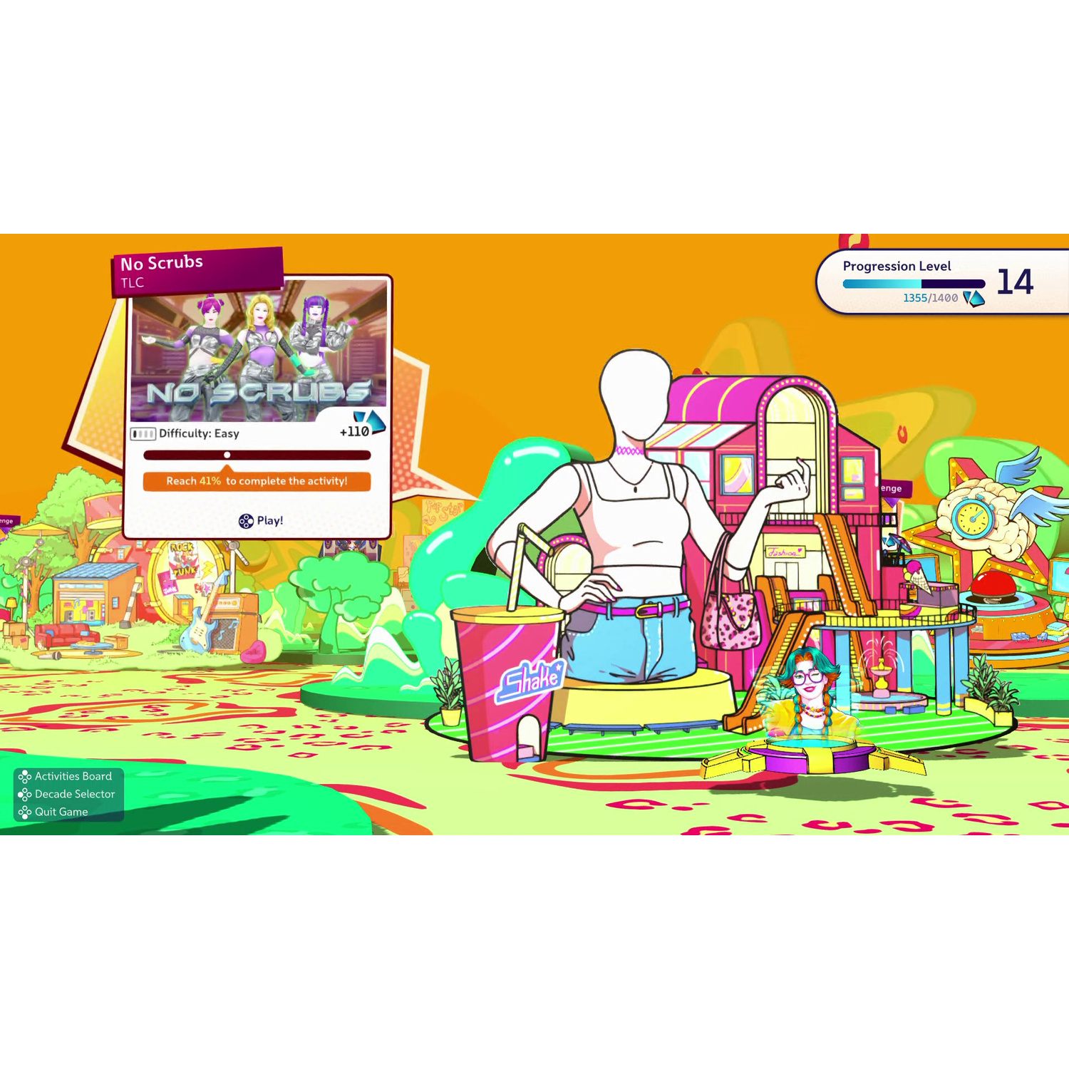 Un menu di gioco colorato mostra un avatar, un bicchiere di bibita, un edificio rosa e una carta canzone.