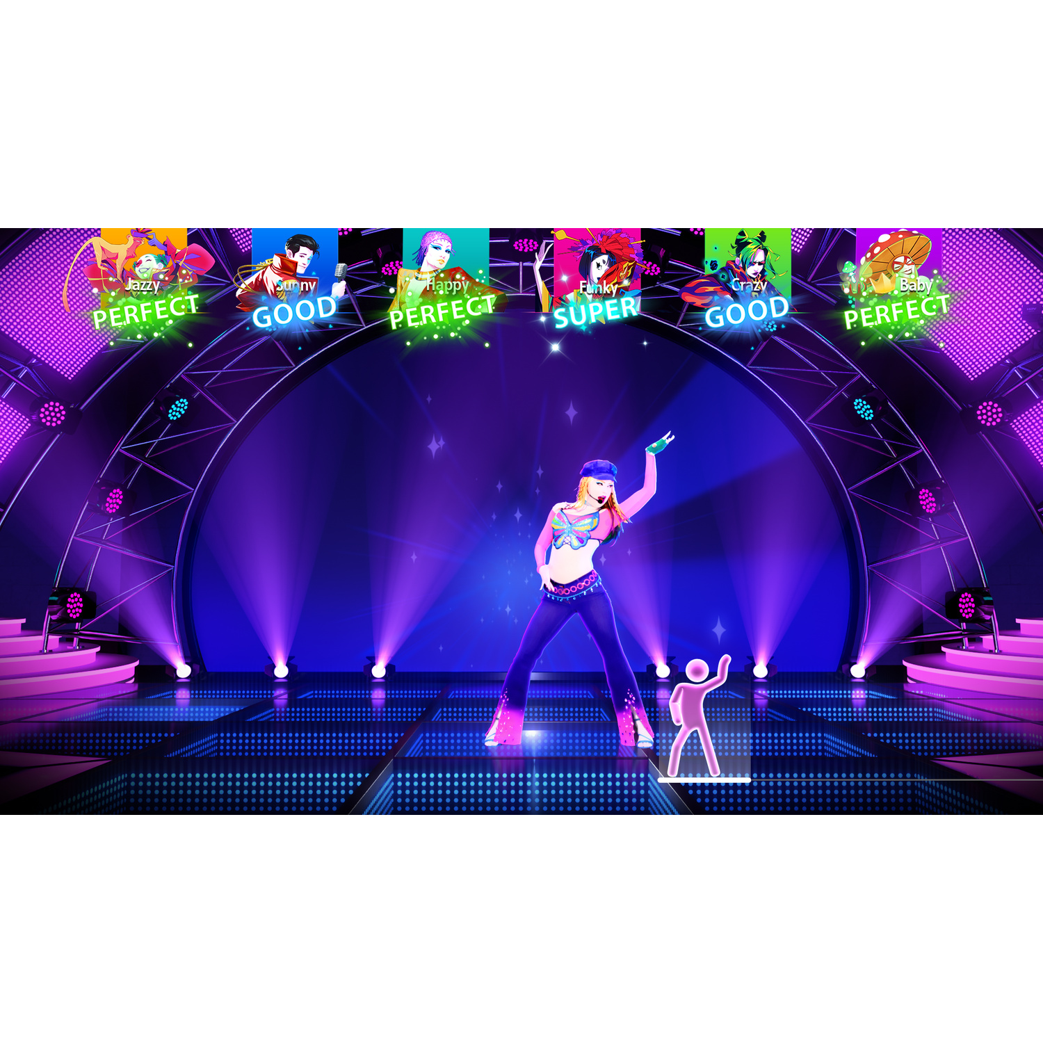 Una ballerina su un palco illuminato al neon con luci blu e indicatori di punteggio.