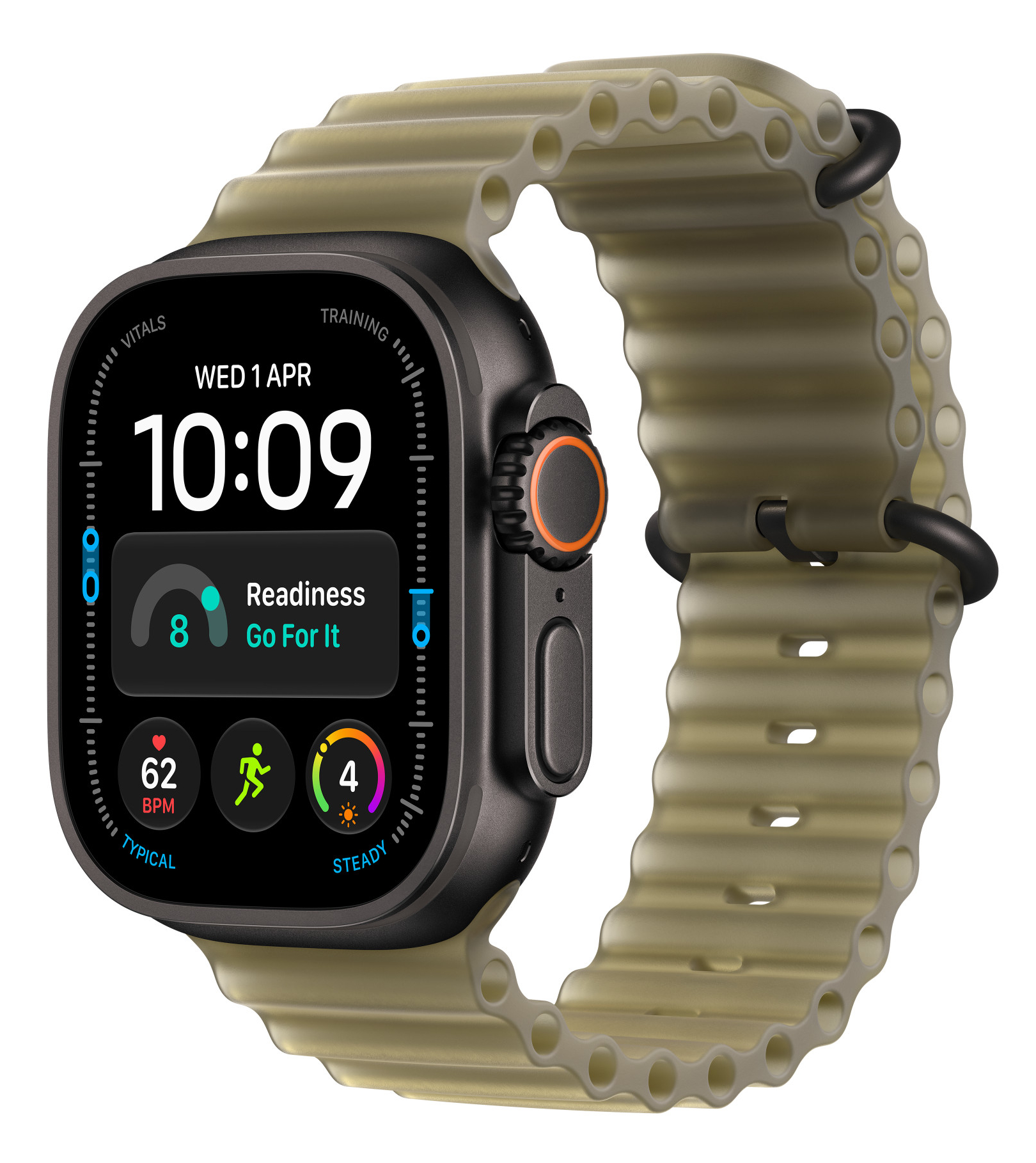 Czarny smartwatch z oliwkowym, prążkowanym paskiem silikonowym i cyfrowym wyświetlaczem fitness.