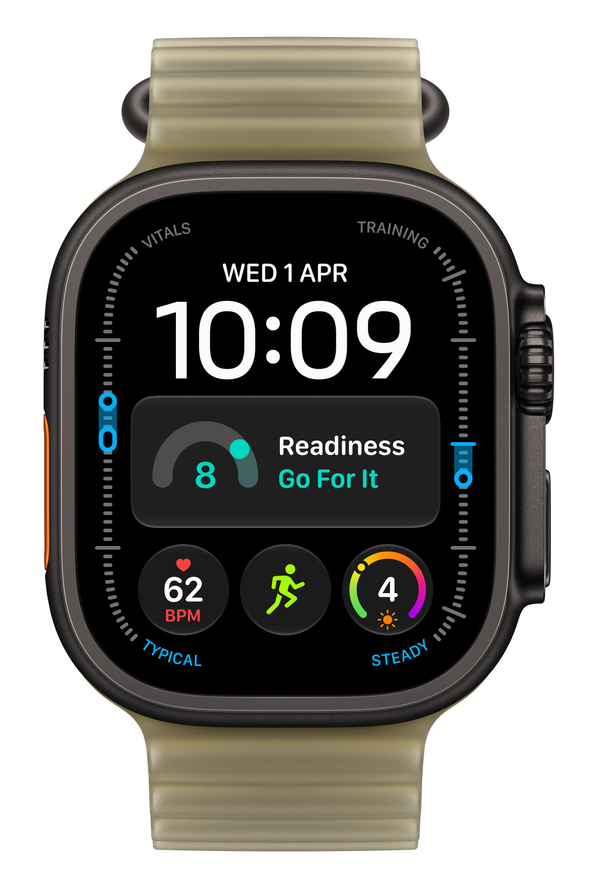 Smartwatch z oliwkowym paskiem pokazuje godzinę 10:09, tętno oraz dane aktywności.