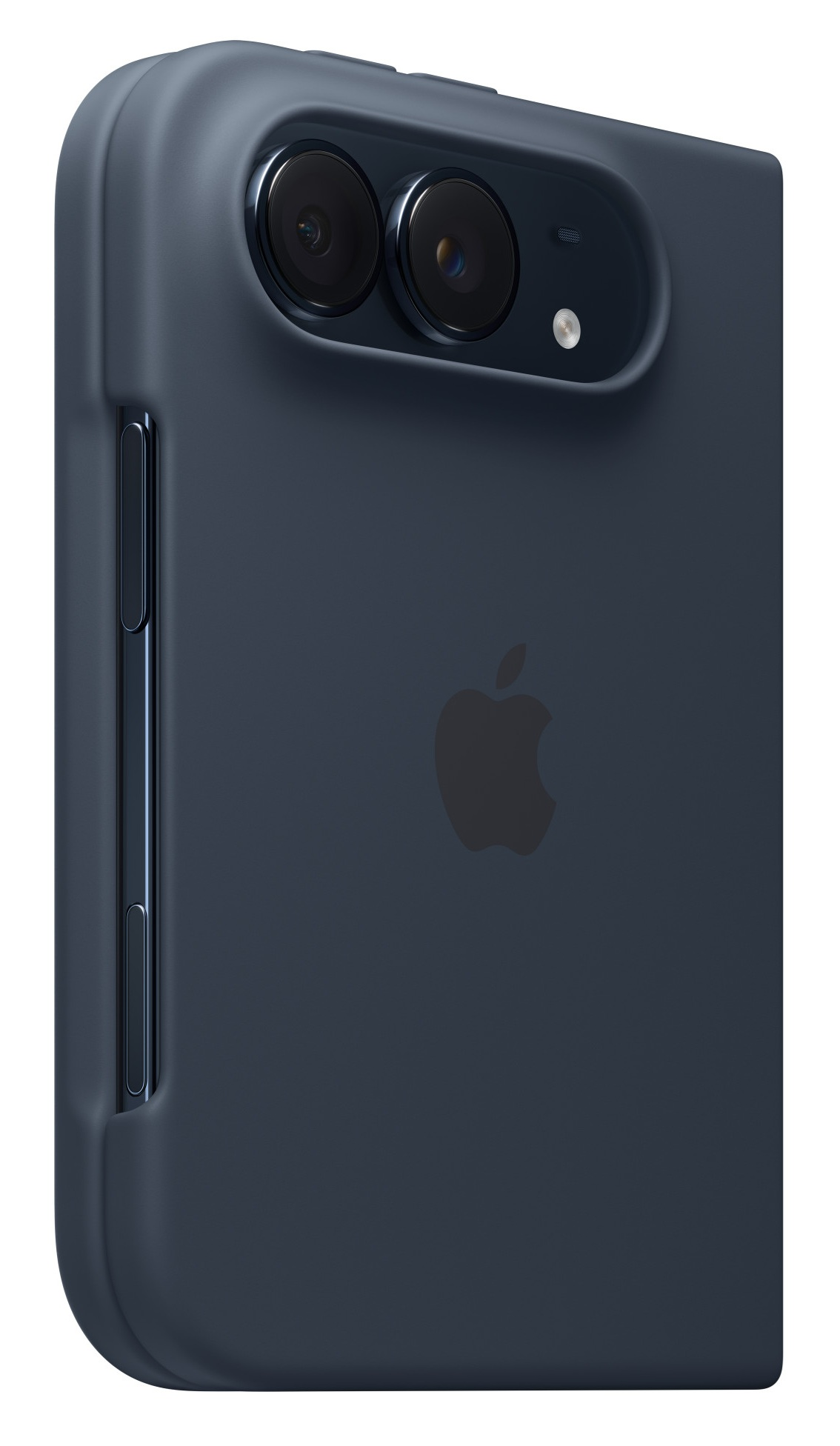 Ciemnoniebieskie skórzane etui do iPhone'a z dwoma aparatami, lampą błyskową i logo.