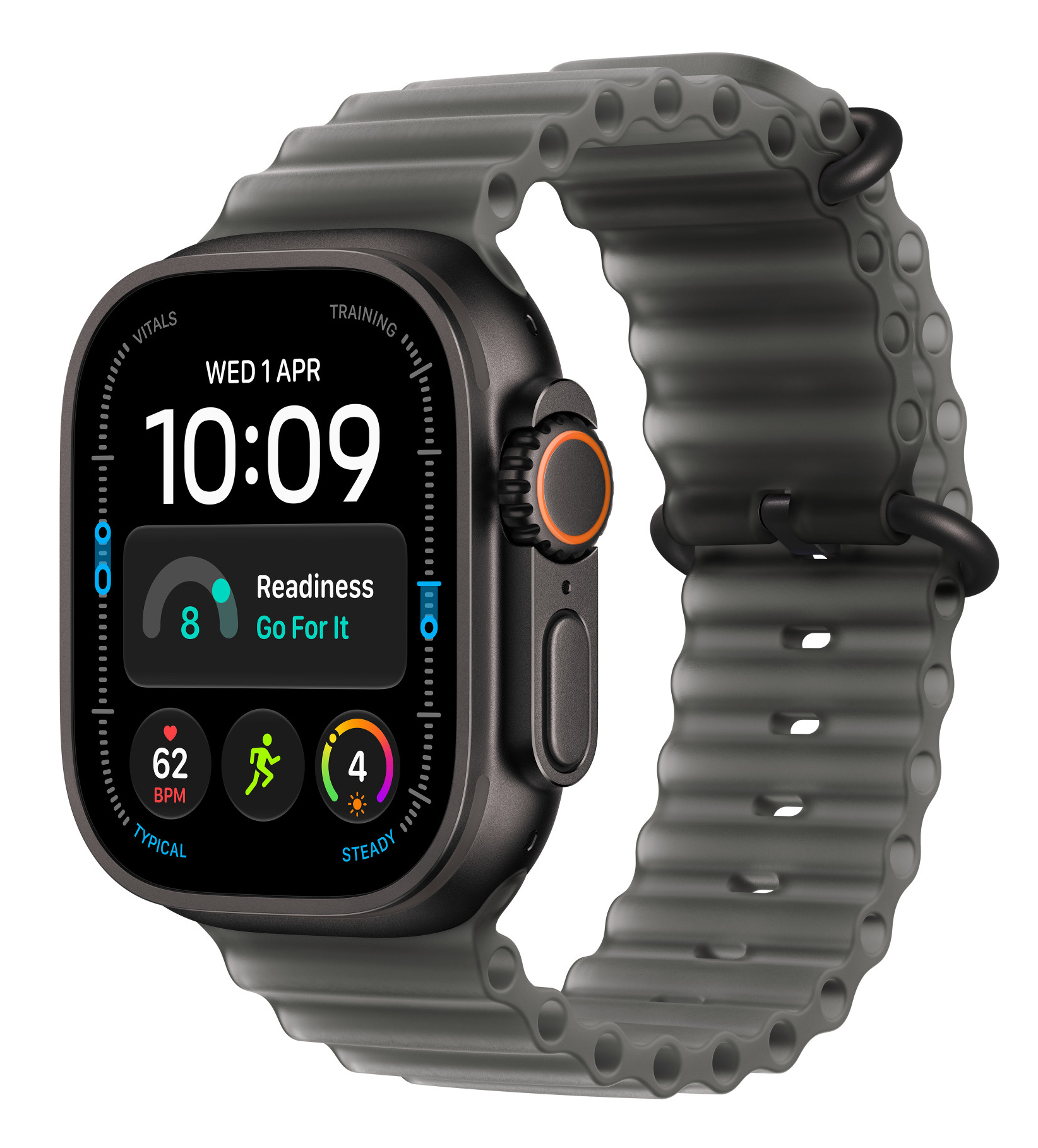 Ciemny smartwatch z prążkowanym paskiem i cyfrową tarczą wyświetlającą godzinę, tętno oraz statystyki aktywności.