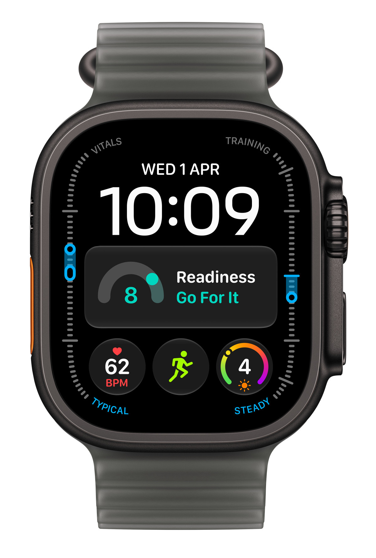 Czarny smartwatch z cyfrowym ekranem wyświetlającym datę, godzinę i statystyki fitness.