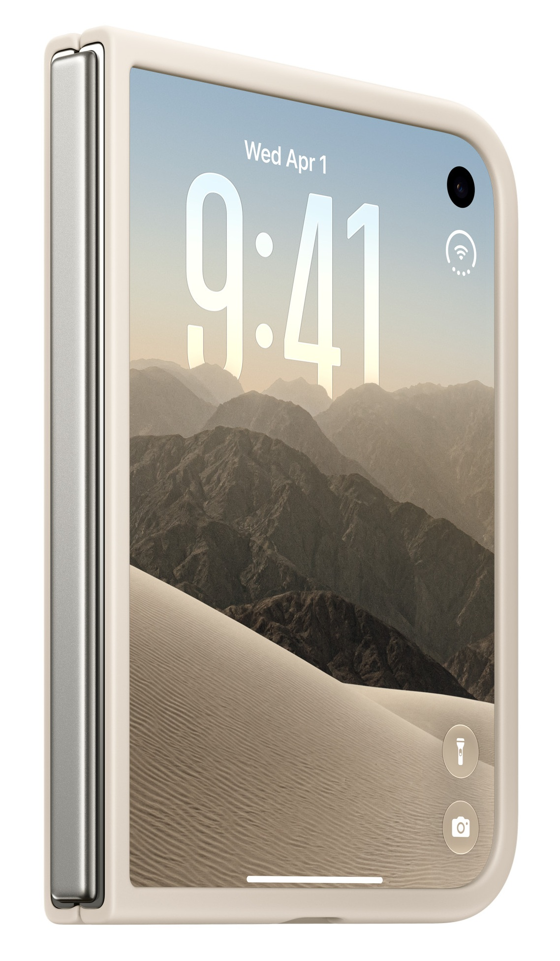 Biały składany smartfon wyświetla ekran blokady z górami.
