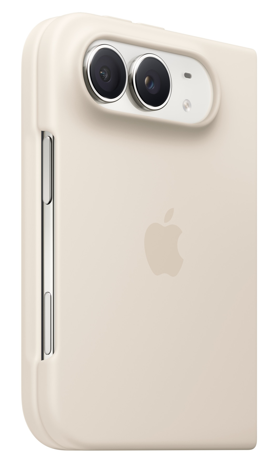 Beżowe etui do smartfona Apple z dwoma aparatami z tyłu i logo Apple.