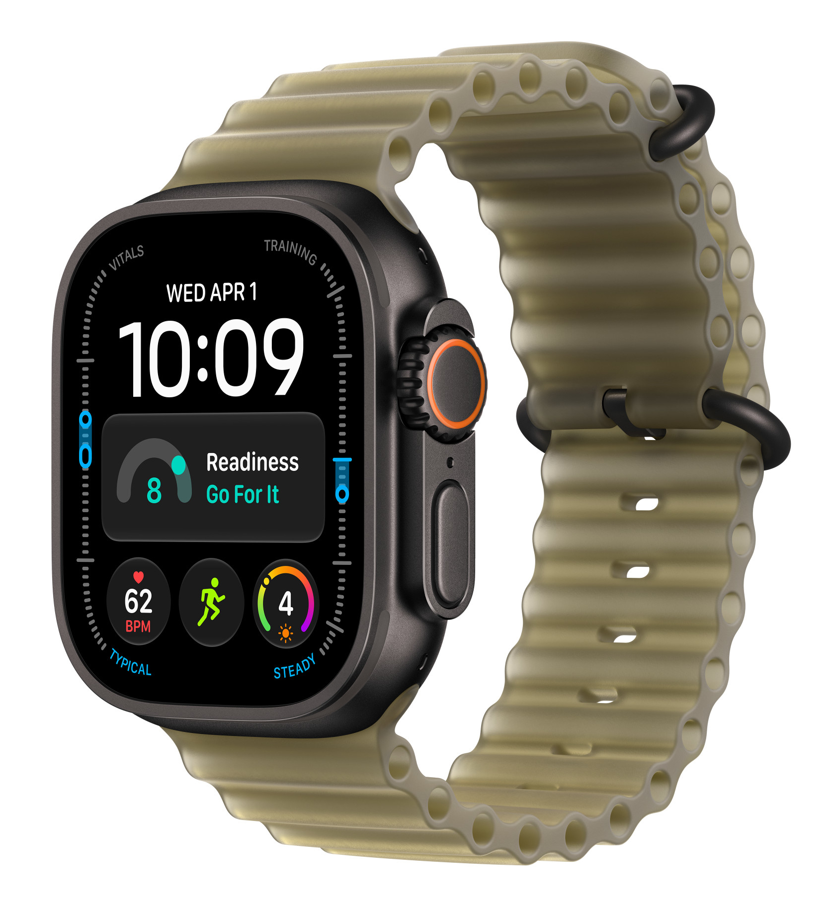 Czarny smartwatch z oliwkowozielonym, żebrowanym paskiem i cyfrową tarczą na białym tle.