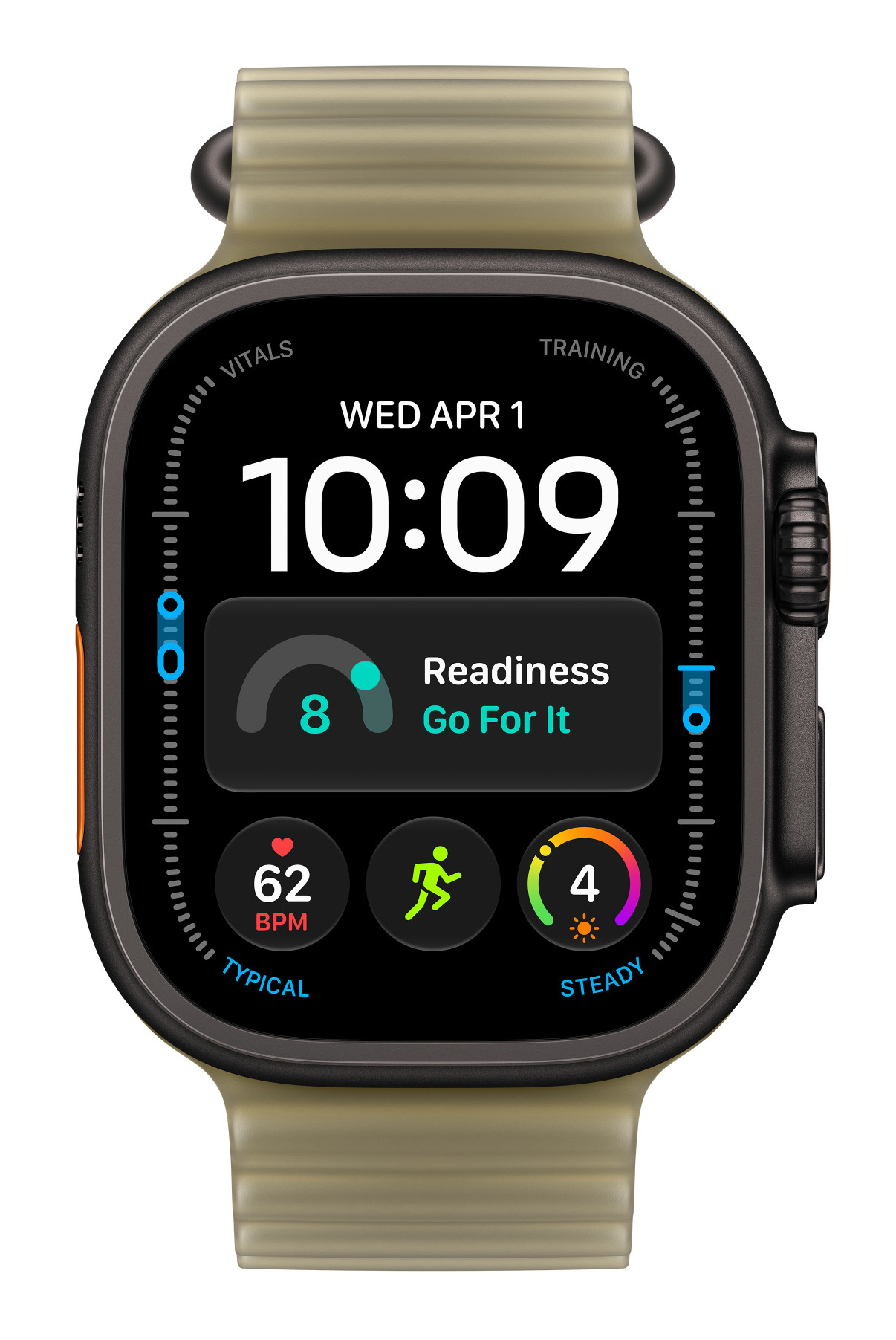 Smartwatch z oliwkowym paskiem pokazuje godzinę 10:09, wynik gotowości 8 oraz dane dotyczące kondycji.