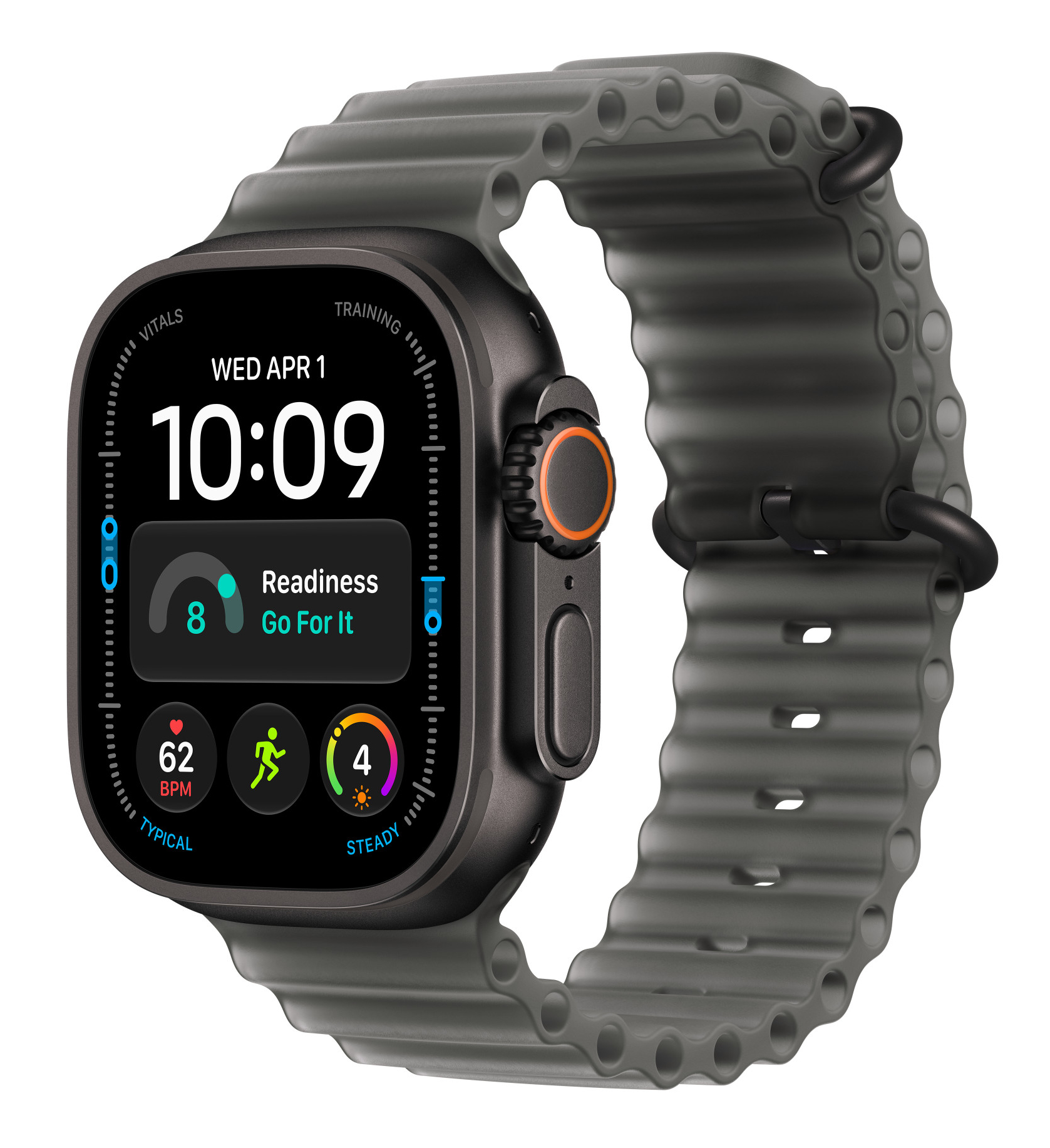 Czarny smartwatch z prążkowanym paskiem, cyfrową tarczą pokazującą 10:09 oraz statystykami kondycji.