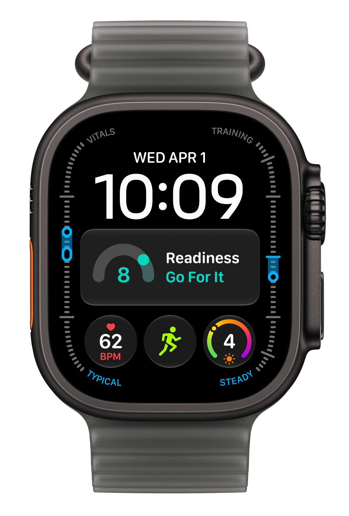 Smartwatch z czarnym ekranem, godziną, tętnem 62 BPM i wynikami gotowości na szarym pasku.