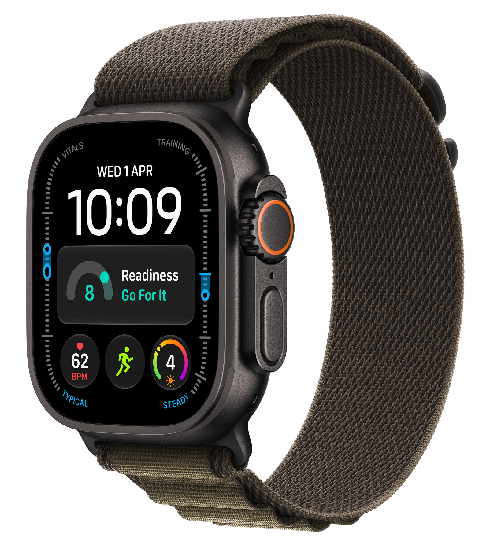 Czarny smartwatch z oliwkowozielonym paskiem z tkaniny wyświetla dane życiowe na ekranie.