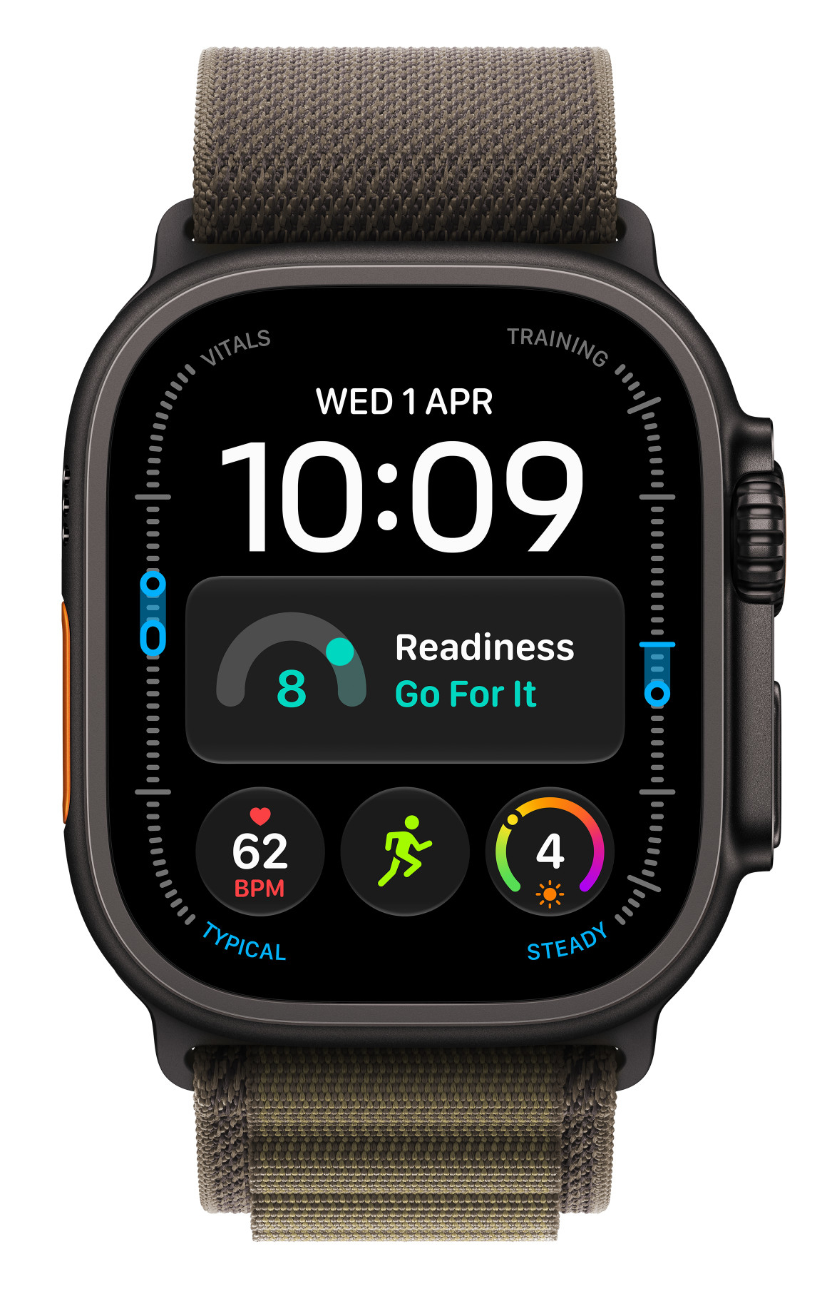 Czarny smartwatch z zielonym paskiem z tkaniny pokazuje godzinę 10:09 i dane dotyczące zdrowia na tarczy.