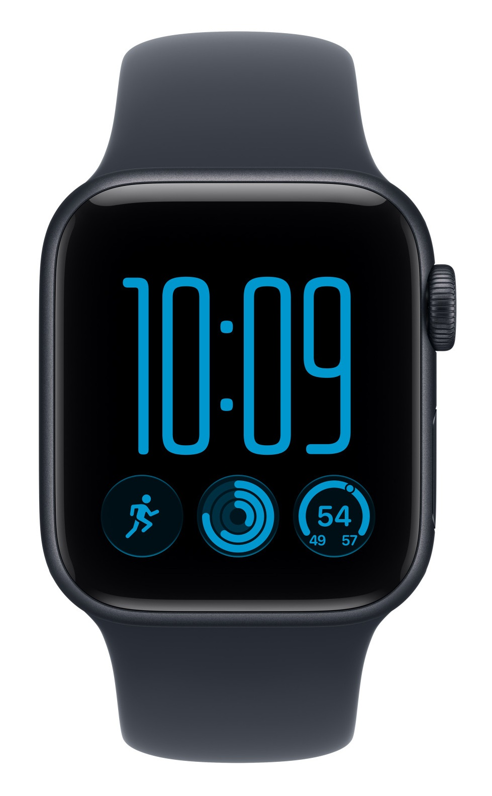 Czarny smartwatch z niebieskim wyświetlaczem czasu 10:09 i trzema okrągłymi ikonami fitness.