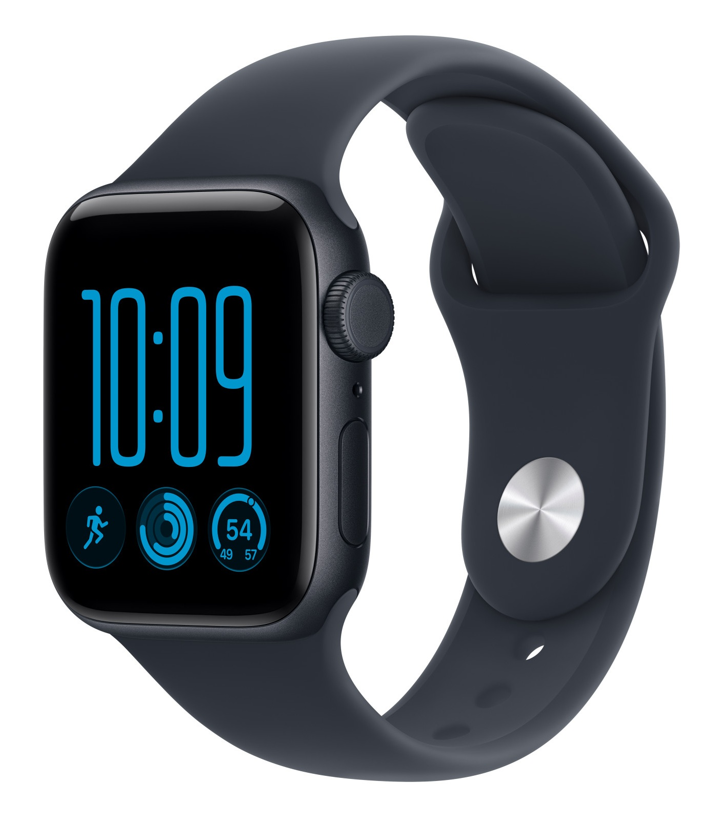 Czarny smartwatch z niebieskim czasem cyfrowym 10:09 i ikonami fitnessu na ekranie.