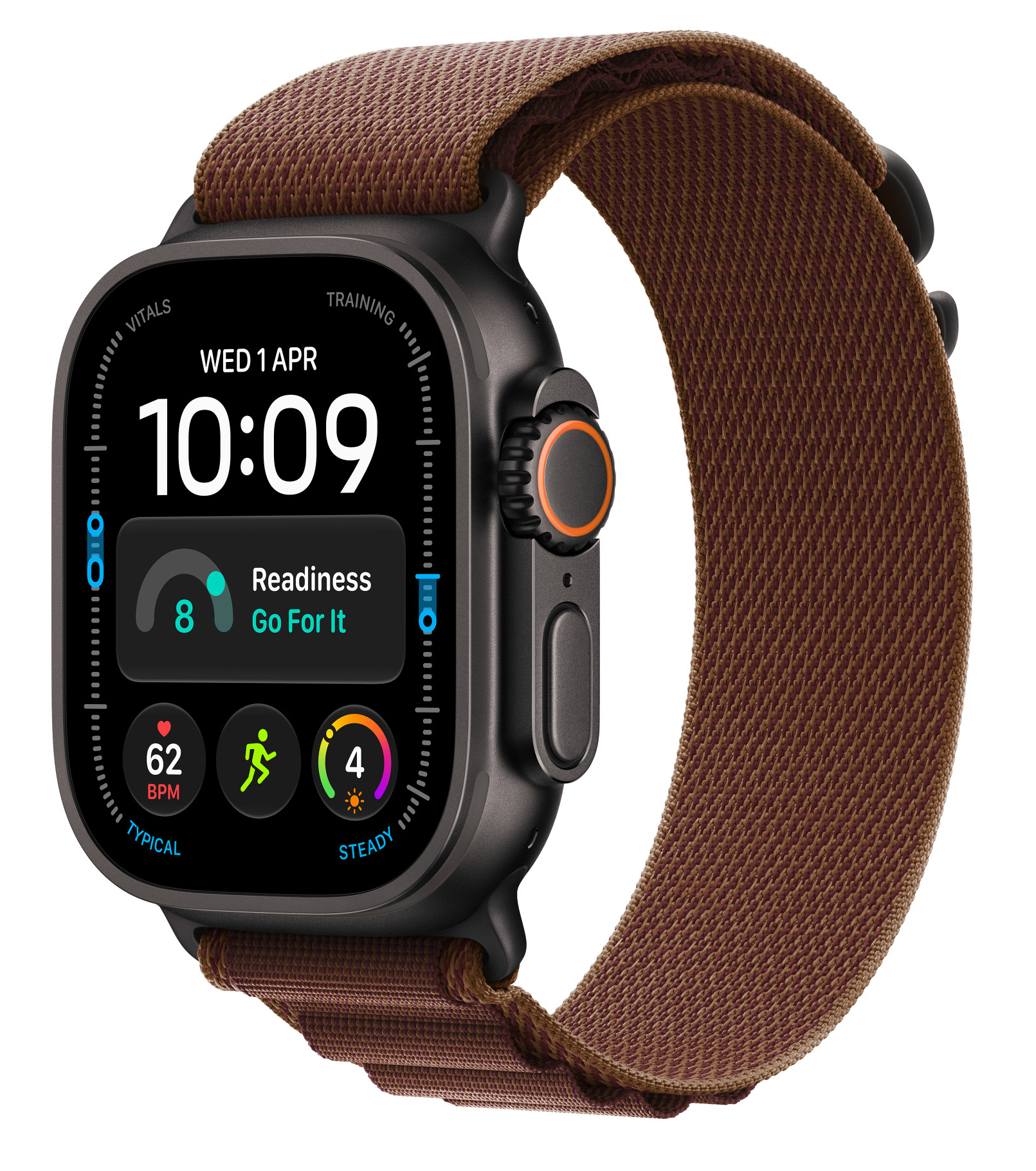 Czarny smartwatch z brązowym paskiem z tkaniny pokazuje godzinę, gotowość i dane fitness.