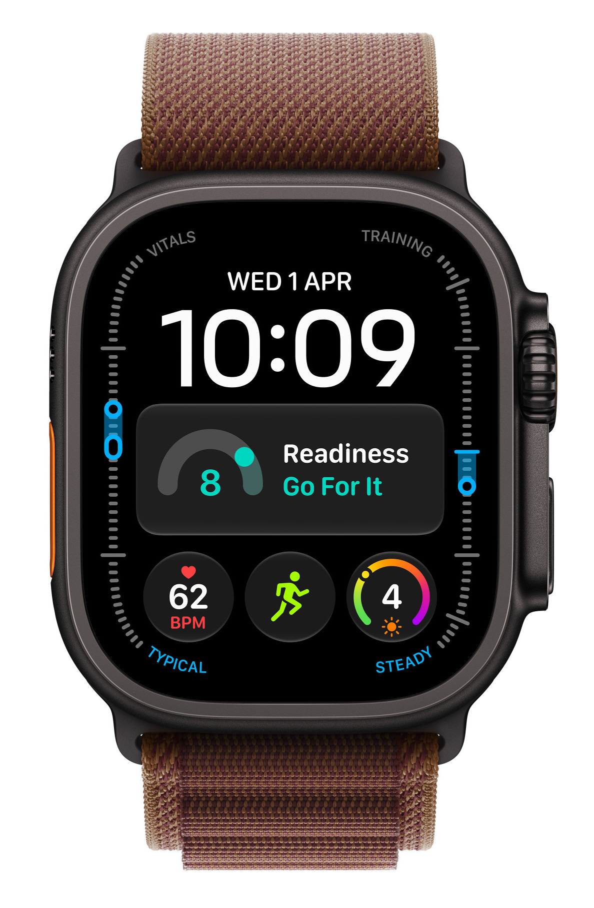 Czarny smartwatch z brązowym paskiem pokazuje cyfrową tarczę z godziną, wynikiem gotowości i tętnem.