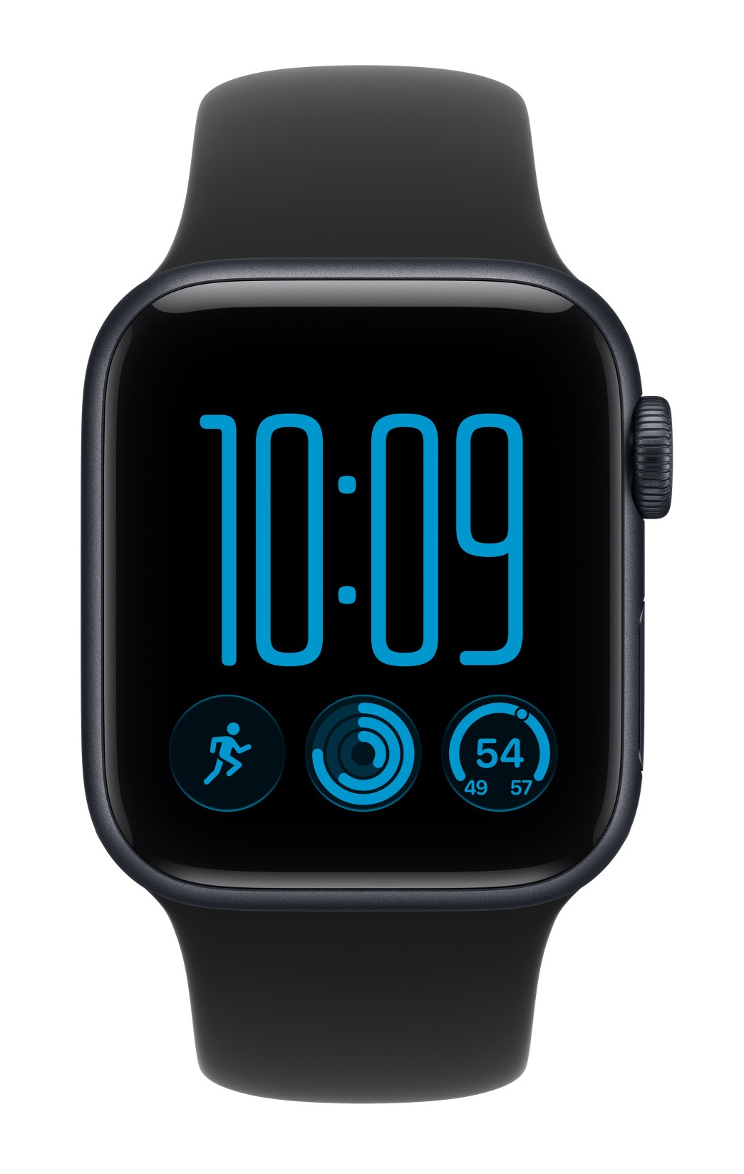 Czarny smartwatch z niebieskim cyfrowym wyświetlaczem pokazującym 10:09 i ikony aktywności.