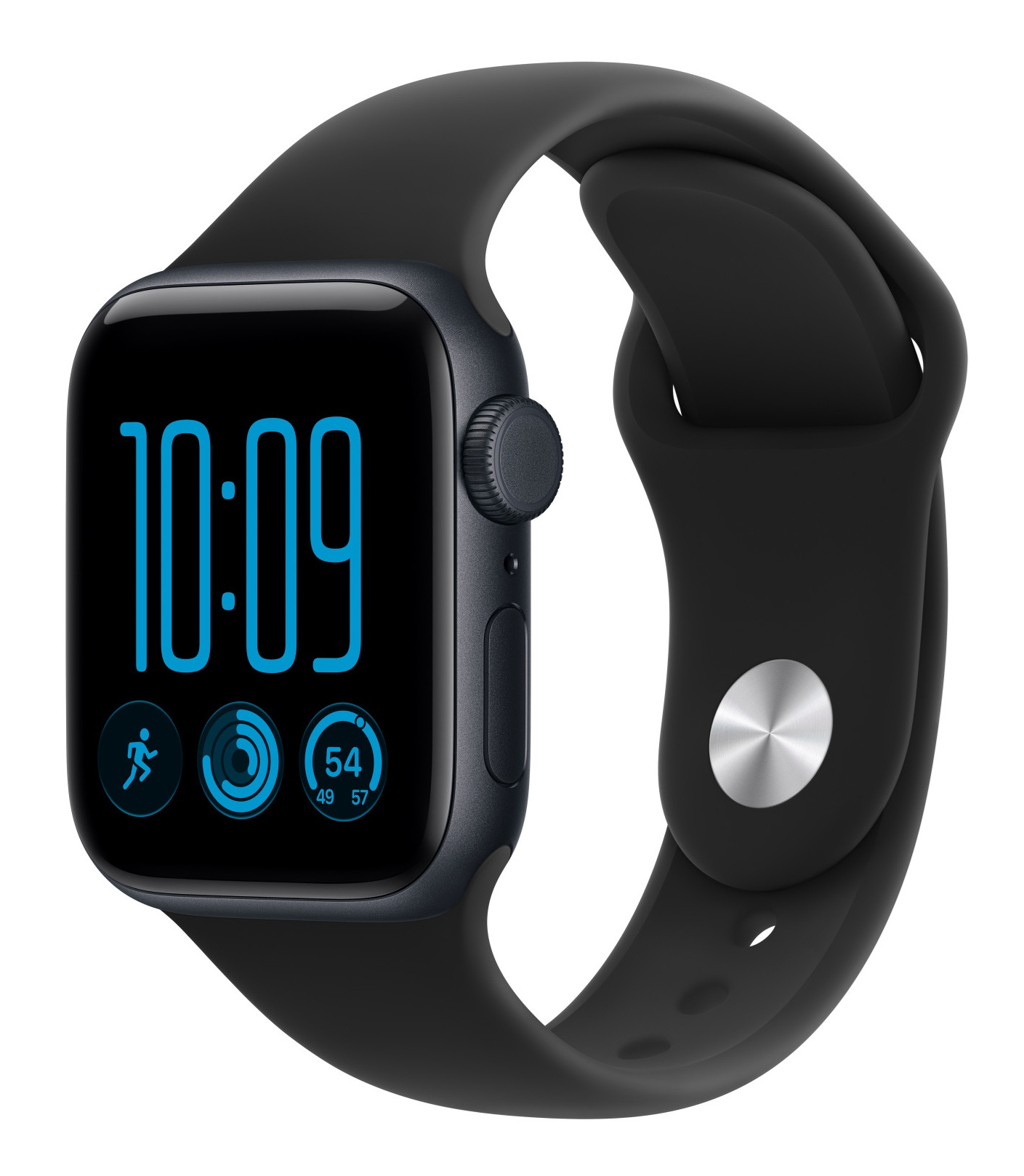 Czarny smartwatch z niebieskim wyświetlaczem cyfrowym i ikonami fitness na białym tle.