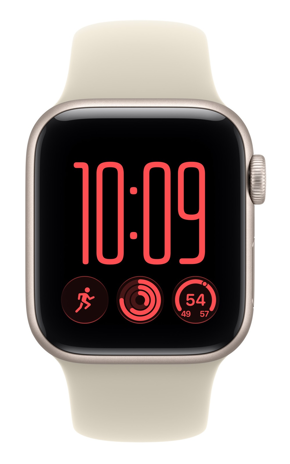 Smartwatch z beżowym paskiem ma czerwony ekran z godziną 10:09 i pierścieniami aktywności.
