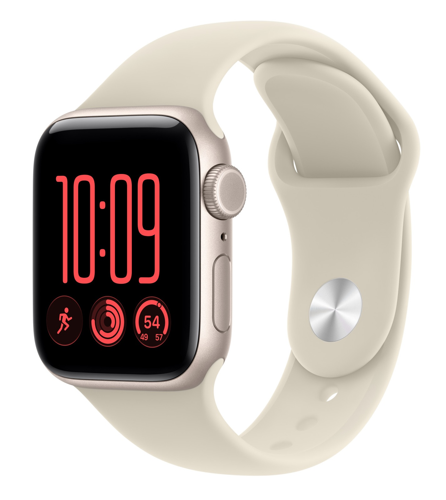 Złoty smartwatch z kremowym silikonowym paskiem wyświetla godzinę 10:09 i czerwone ikony fitnessu.