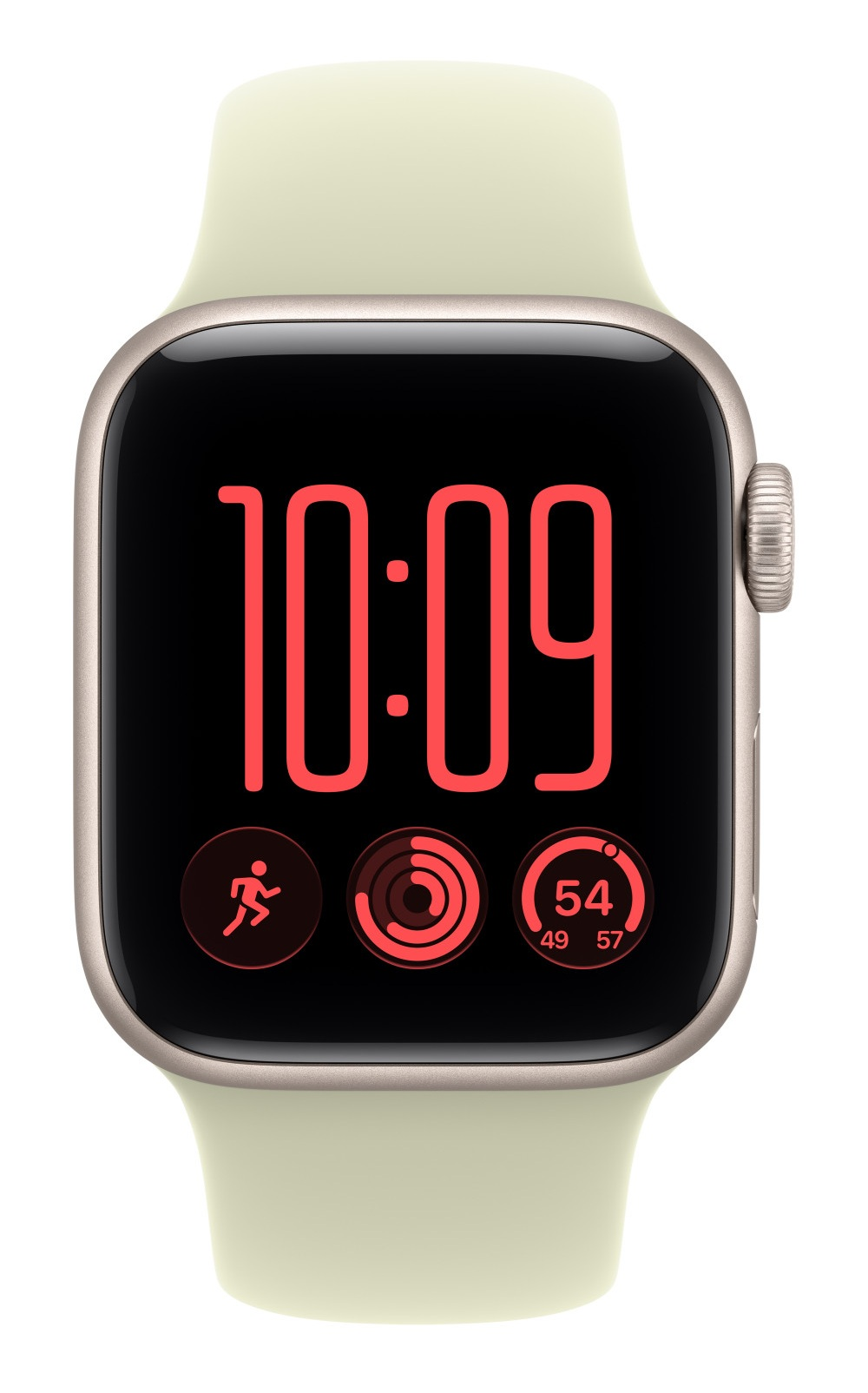 Smartwatch z jasnym paskiem pokazuje godzinę 10:09 na czerwono oraz ikony fitnessu na czarnym tle.