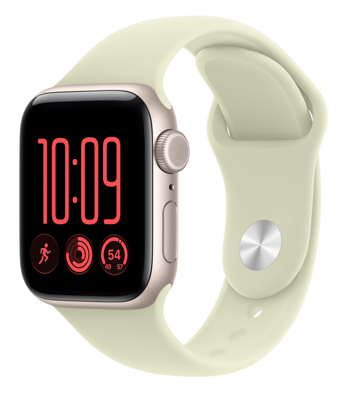 Apple Watch z beżową kopertą i jasnym silikonowym paskiem wyświetla czerwoną cyfrową tarczę na białym tle.