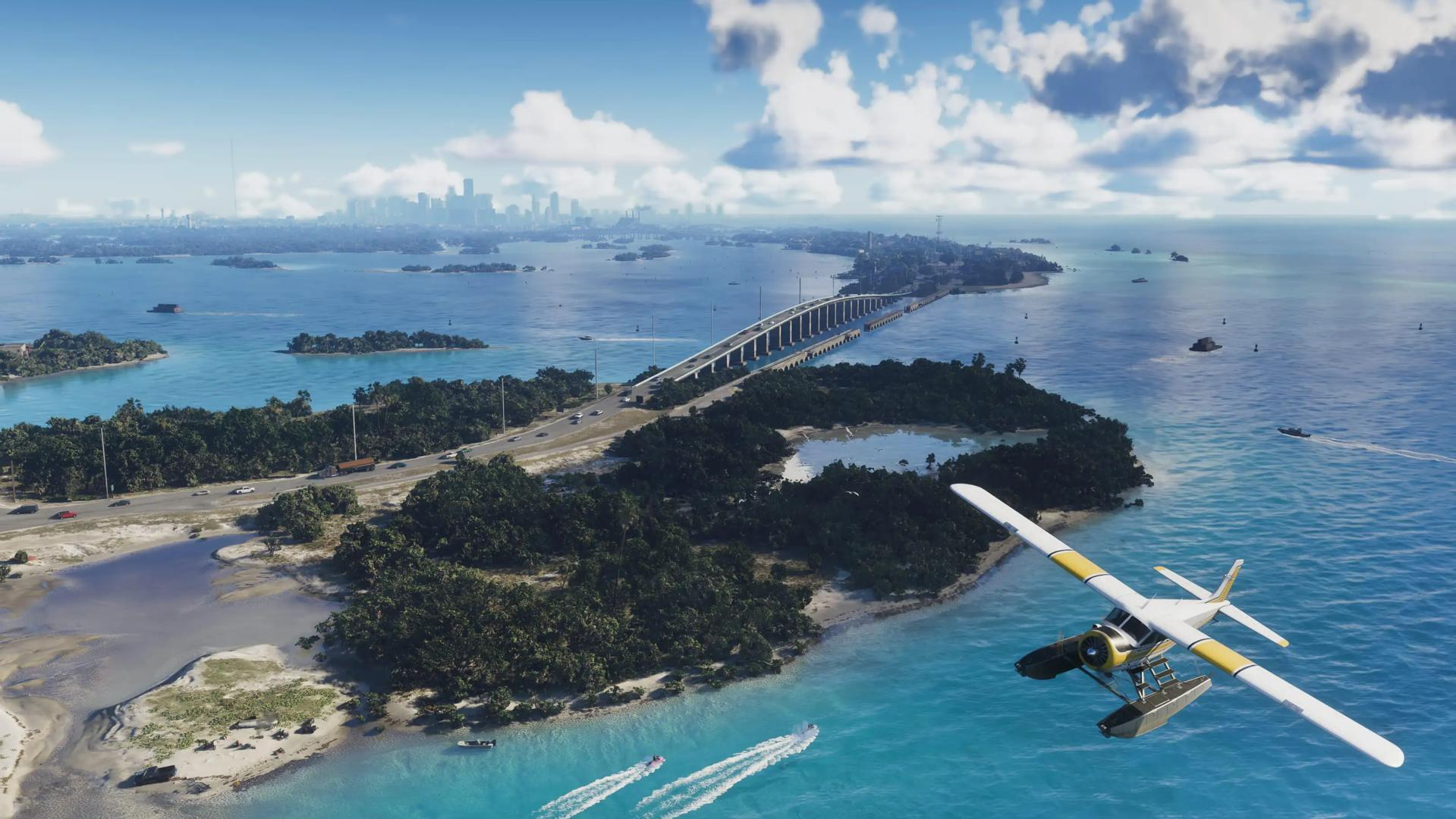 Ein weiß-gelbes Wasserflugzeug fliegt über eine tropische Küstenregion mit Inseln, Brücken und einer fernen Skyline.