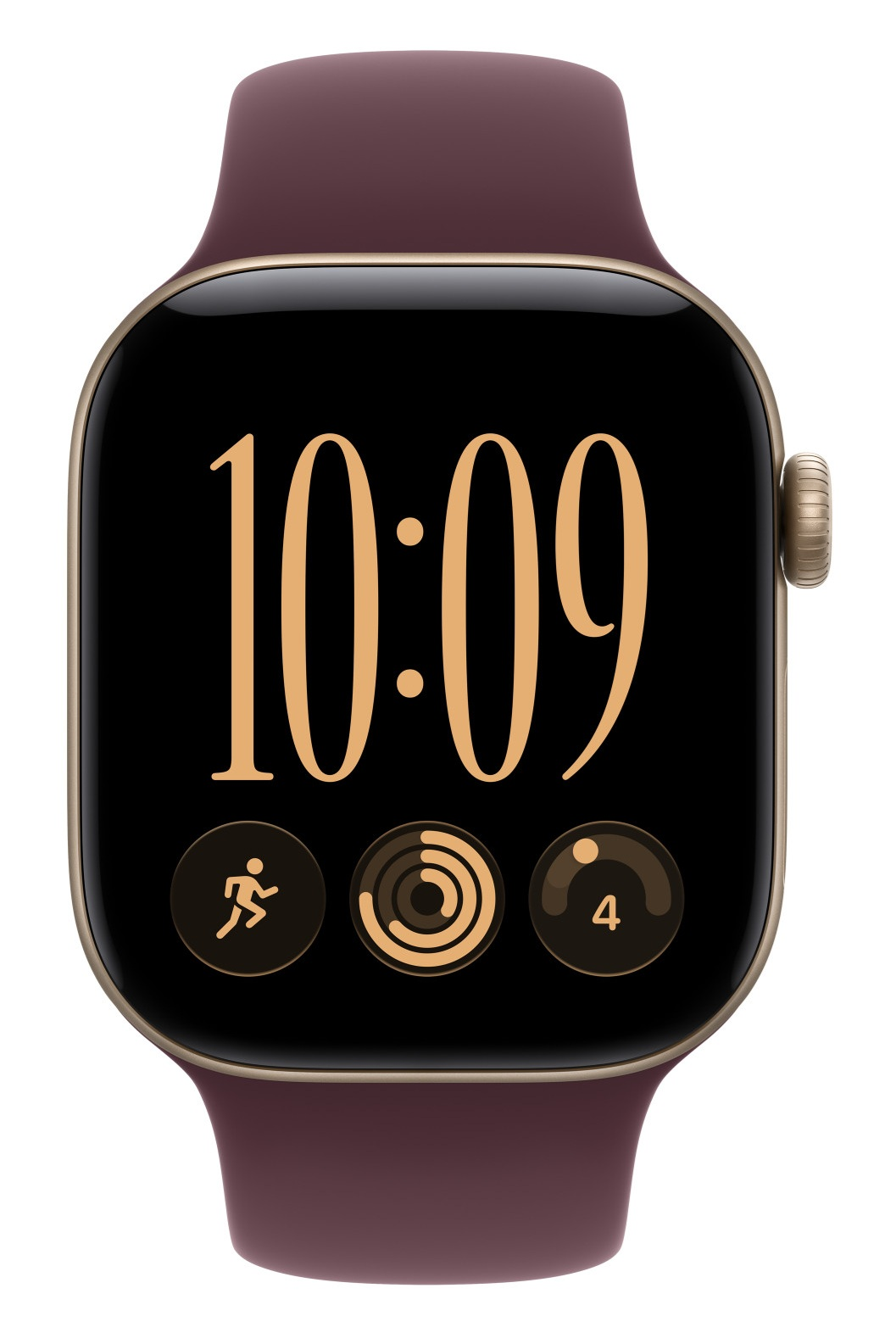 Różowozłoty smartwatch z bordowym paskiem i czarnym ekranem wyświetla godzinę 10:09 oraz ikony fitness.