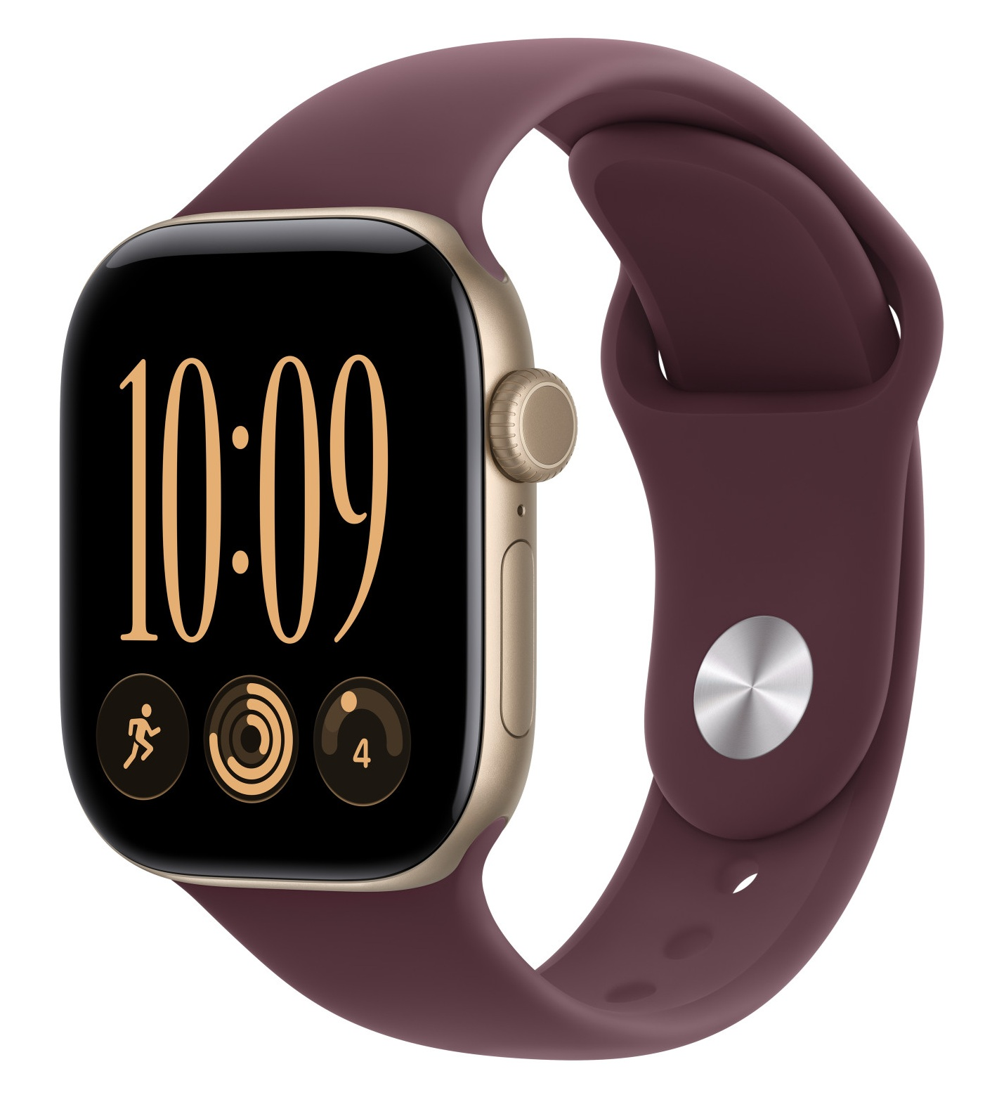 Smartwatch ze złotą kopertą, ciemnoczerwonym paskiem i czarnym wyświetlaczem wskazuje godzinę 10:09.