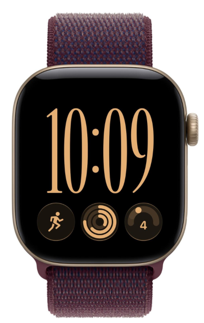 Smartwatch z brązowym paskiem z tkaniny wyświetla godzinę 10:09 i trzy ikony aplikacji na ekranie.