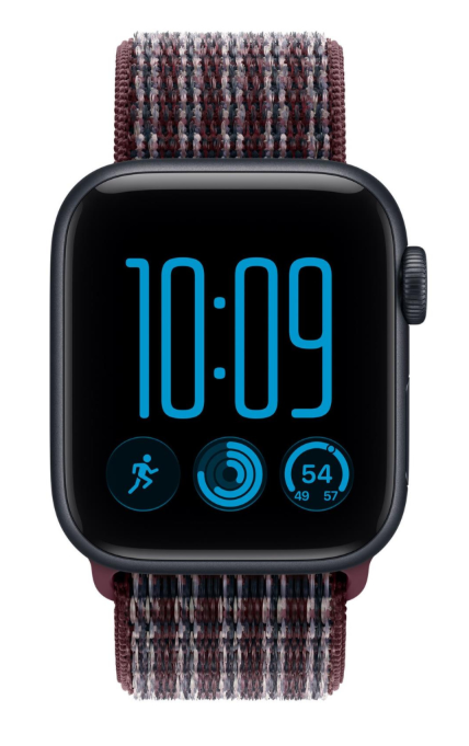 Smartwatch z ciemną kopertą, fakturowanym bordowym paskiem i cyfrowym wyświetlaczem z niebieskimi cyframi.