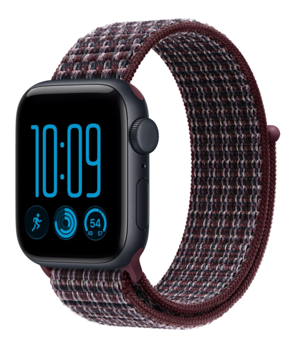 Czarny smartwatch z niebieską tarczą cyfrową i tkanym ciemnoczerwonym paskiem z tkaniny.