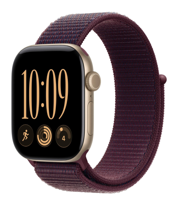 Smartwatch ze złotą kopertą i teksturowanym, ciemnofioletowym paskiem materiałowym wyświetla godzinę 10:09.