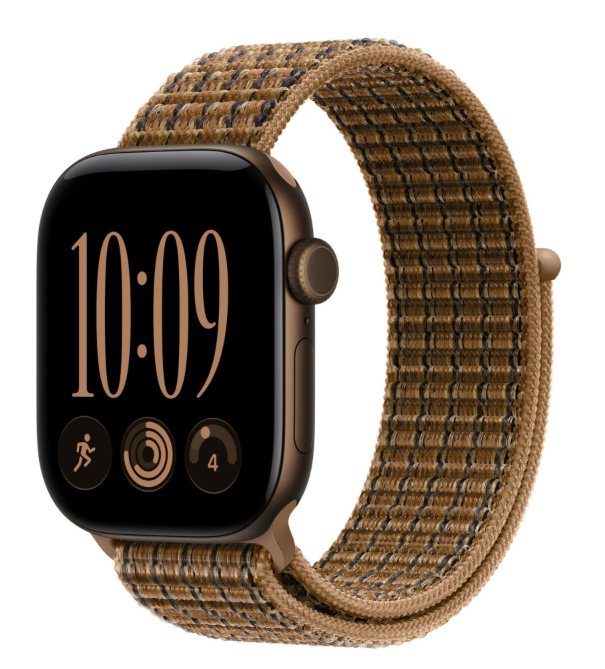 Brązowy smartwatch z tkany paskiem i cyfrową tarczą wskazującą godzinę 10:09.
