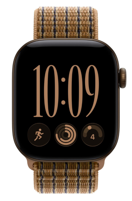Smartwatch w brązowej kopercie z wzorzystym brązowym paskiem z tkaniny pokazuje godzinę i aplikacje.