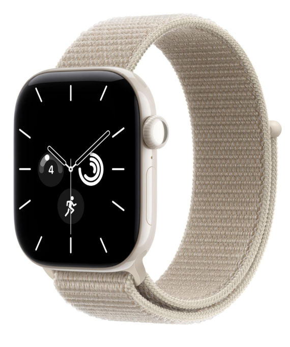 Beżowy smartwatch z paskiem z tkaniny i czarnym wyświetlaczem na białym tle.