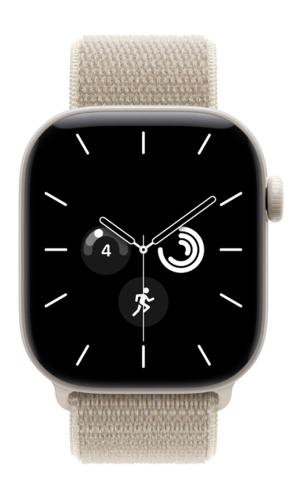 Smartwatch z beżowym paskiem z tkaniny i czarnym wyświetlaczem pokazuje analogowe wskazówki i ikony fitness.