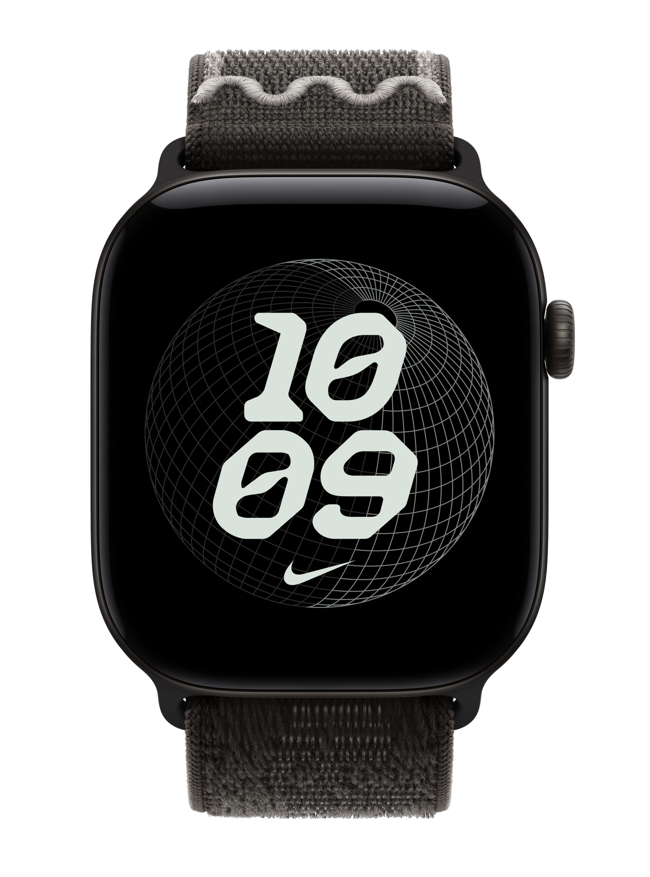 Czarny smartwatch z szarym paskiem z tkaniny i tarczą z globusem.