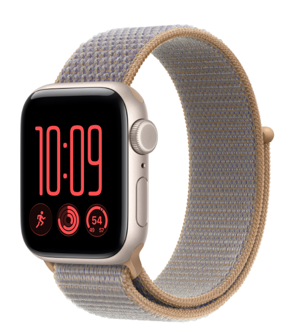 Smartwatch ze złotą kopertą i tkanym beżowo-niebieskim paskiem nylonowym wyświetla godzinę 10:09.