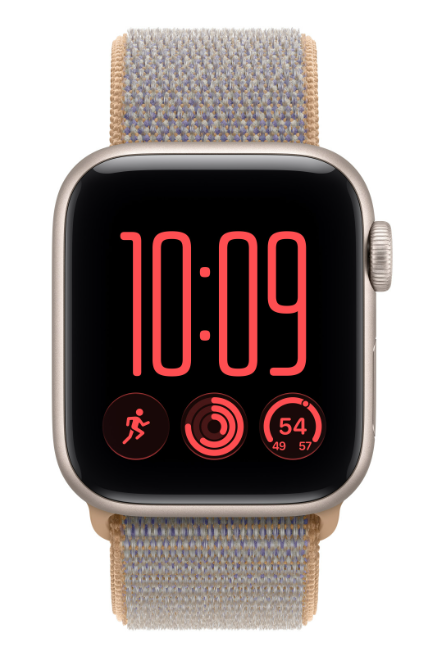 Złoty smartwatch z paskiem z tkaniny i cyfrowym wyświetlaczem pokazującym 10:09.