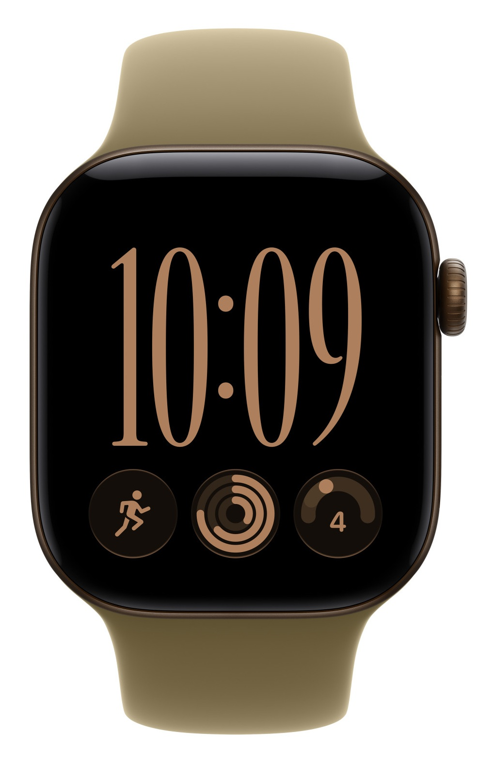Smartwatch z brązową kopertą i paskiem pokazuje godzinę 10:09 oraz ikony aktywności na czarnym ekranie.