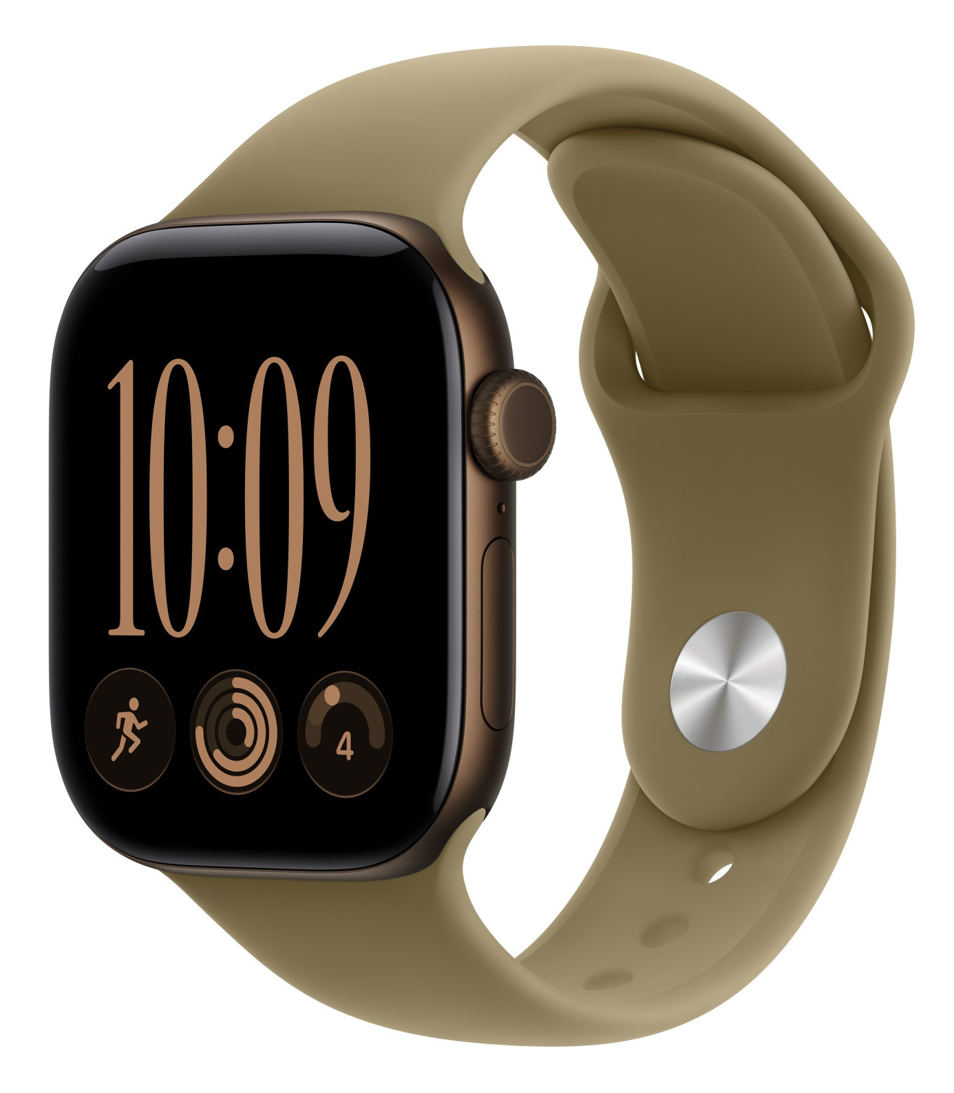 Brązowy smartwatch z oliwkowym silikonowym paskiem wyświetla godzinę 10:09 i ikony fitness.