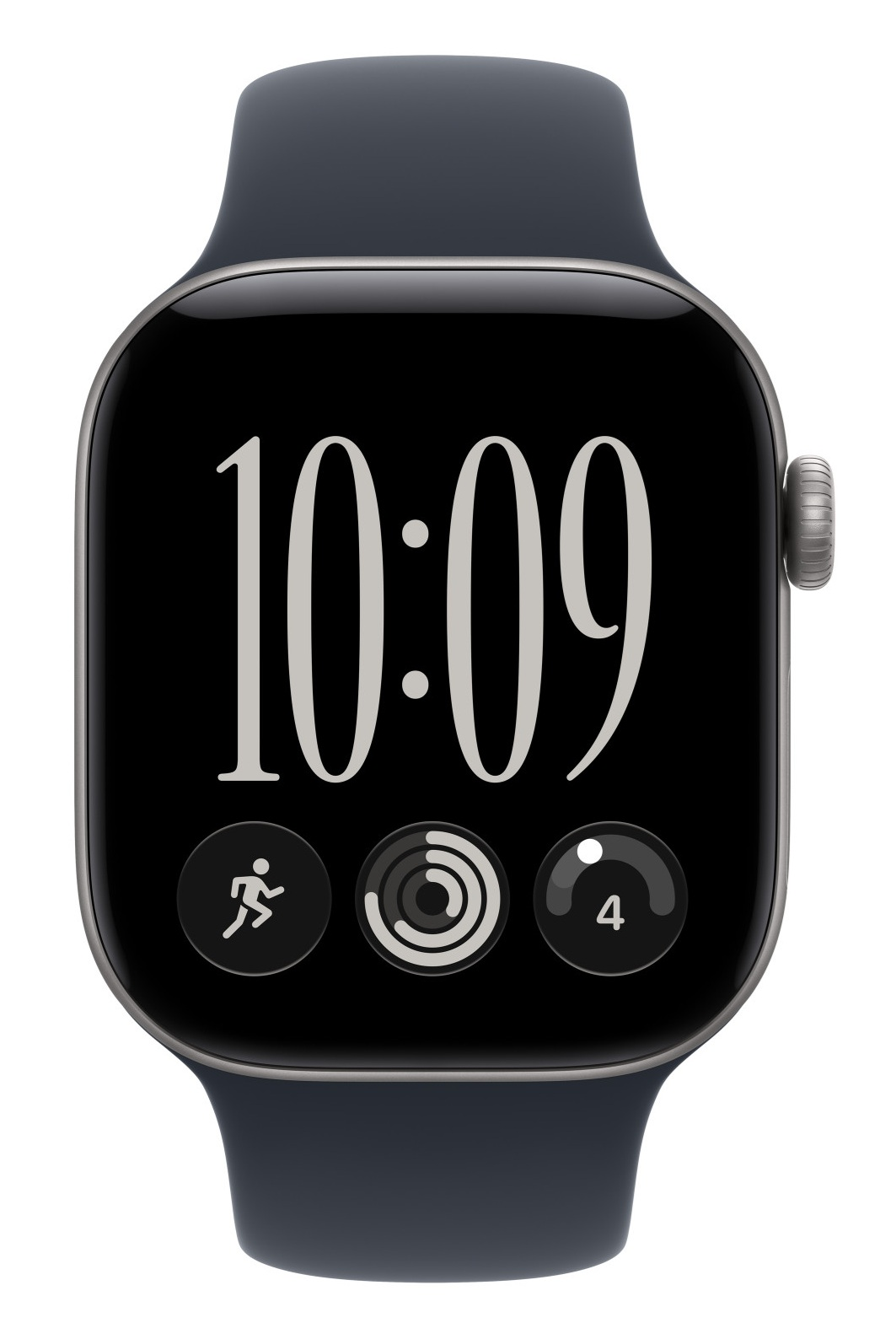Czarny smartwatch z ciemnoszarym paskiem pokazuje godzinę 10:09 i trzy okrągłe ikony aplikacji.