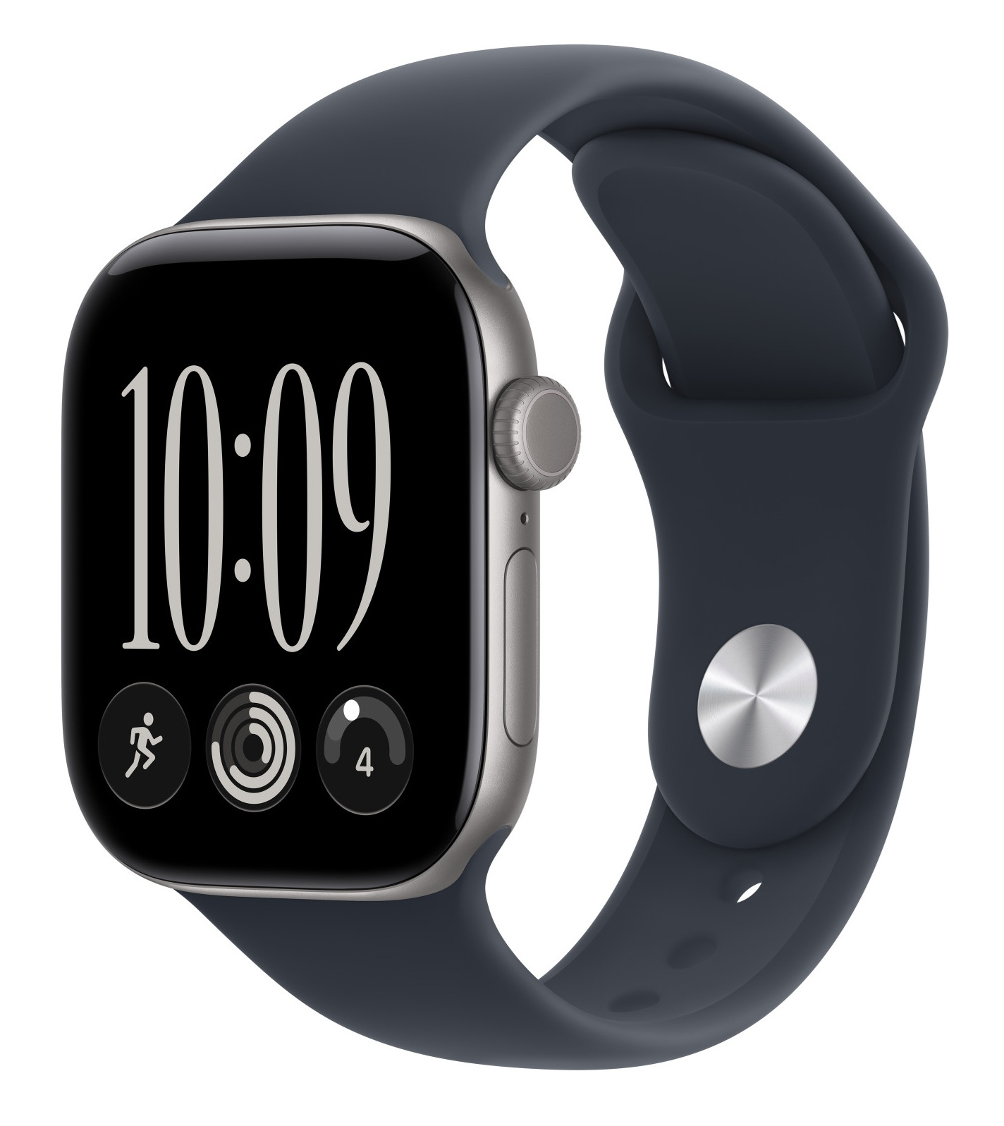 Szary smartwatch z czarnym paskiem i cyfrowym czasem wyświetlanym na ekranie.