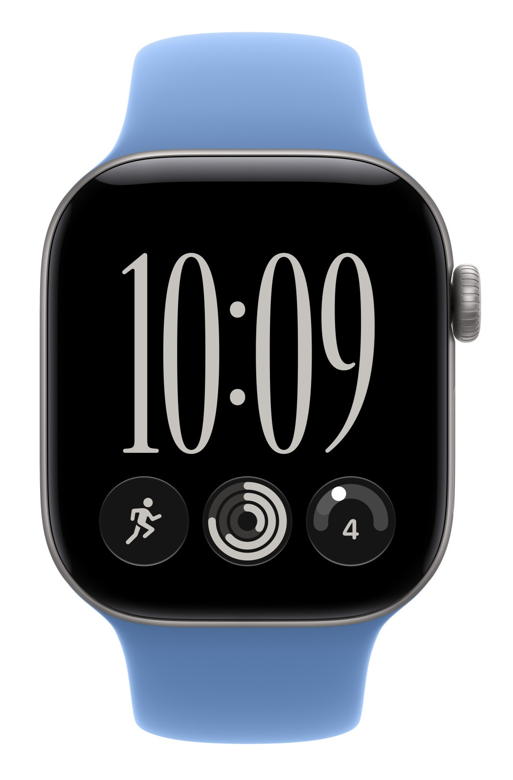 Niebieski smartwatch z czarnym ekranem wyświetlającym godzinę 10:09 i trzy ikony aplikacji.