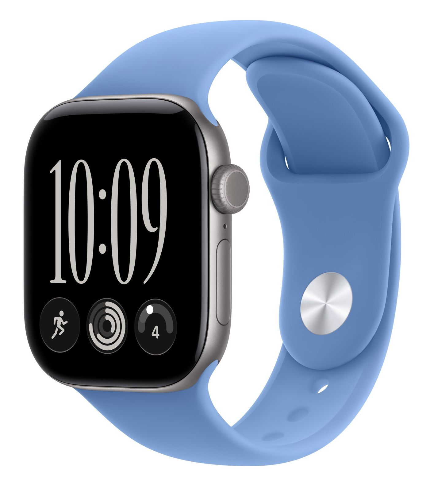 Jasnoniebieski smartwatch w srebrnej kopercie pokazuje godzinę 10:09 i ikony fitness.