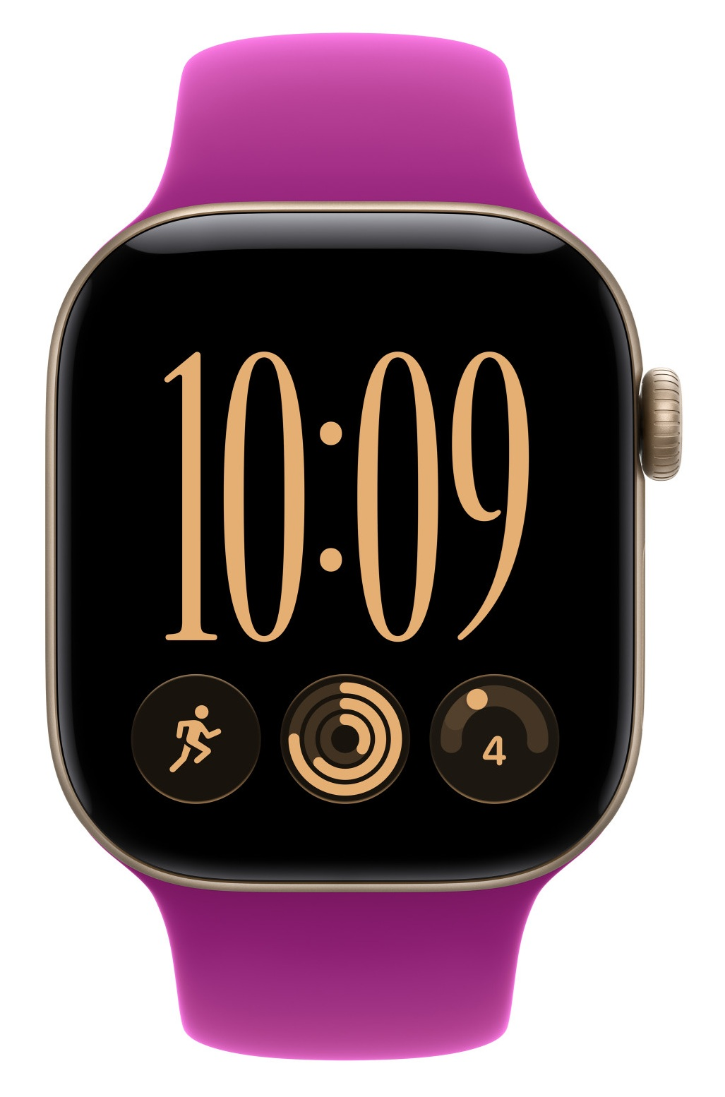 Smartwatch z różowym paskiem, złotą kopertą i cyfrowym wyświetlaczem pokazującym godzinę 10:09 i ikony fitness.