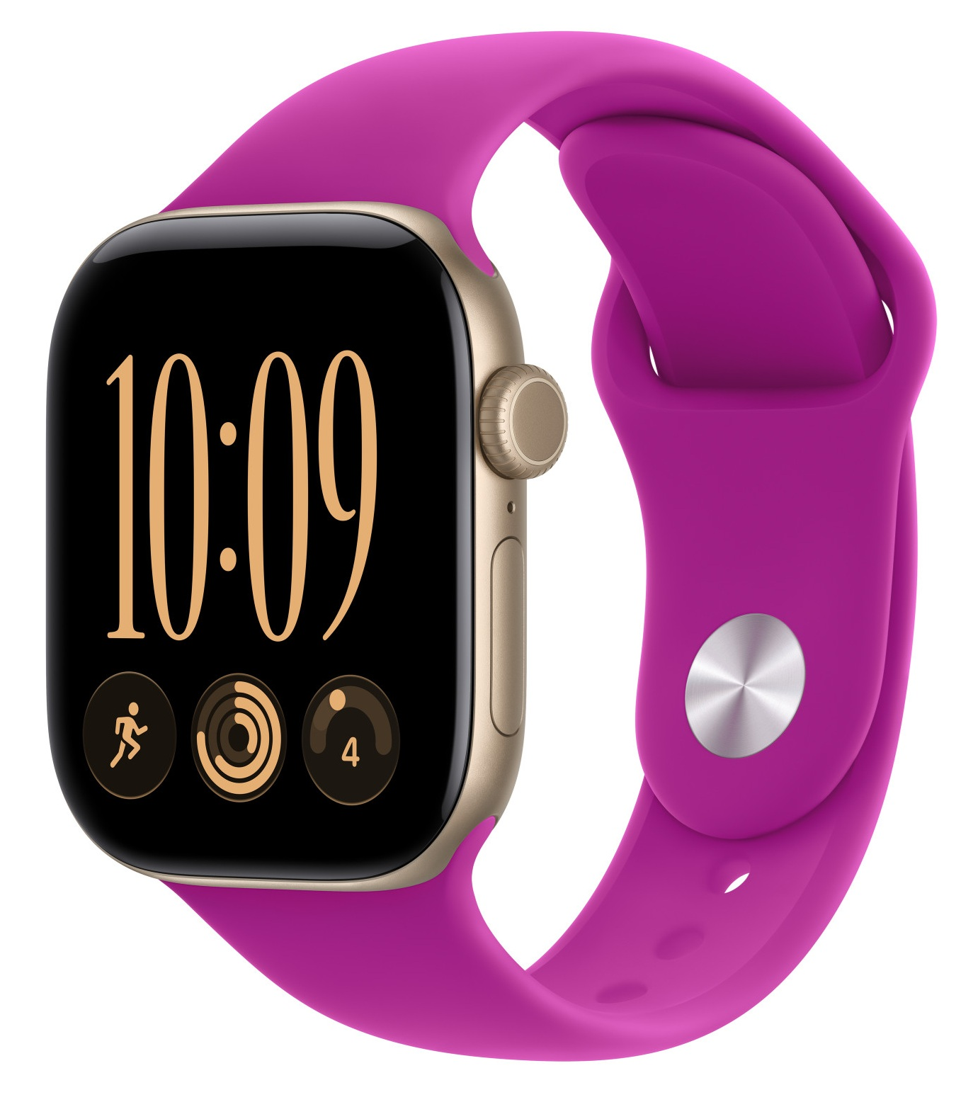 Złoty smartwatch z żywym różowym silikonowym paskiem wyświetla godzinę 10:09 na ekranie.